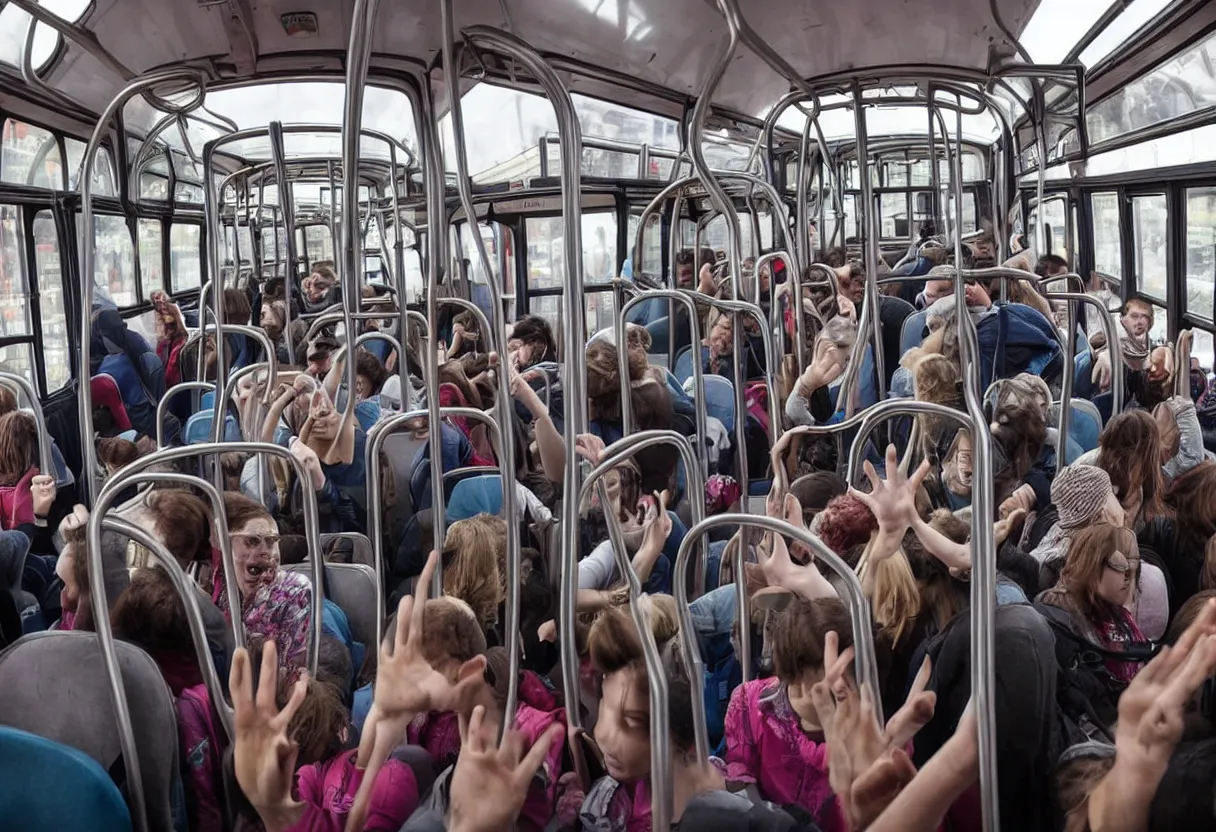 Image similar to a wide photo of a interior of a crowded bus with a huge octopus trying to get in, octopus beak can be seen, arms creeping in thrugh the windows, people are scared and screaming while trying to free through the windows and doors,