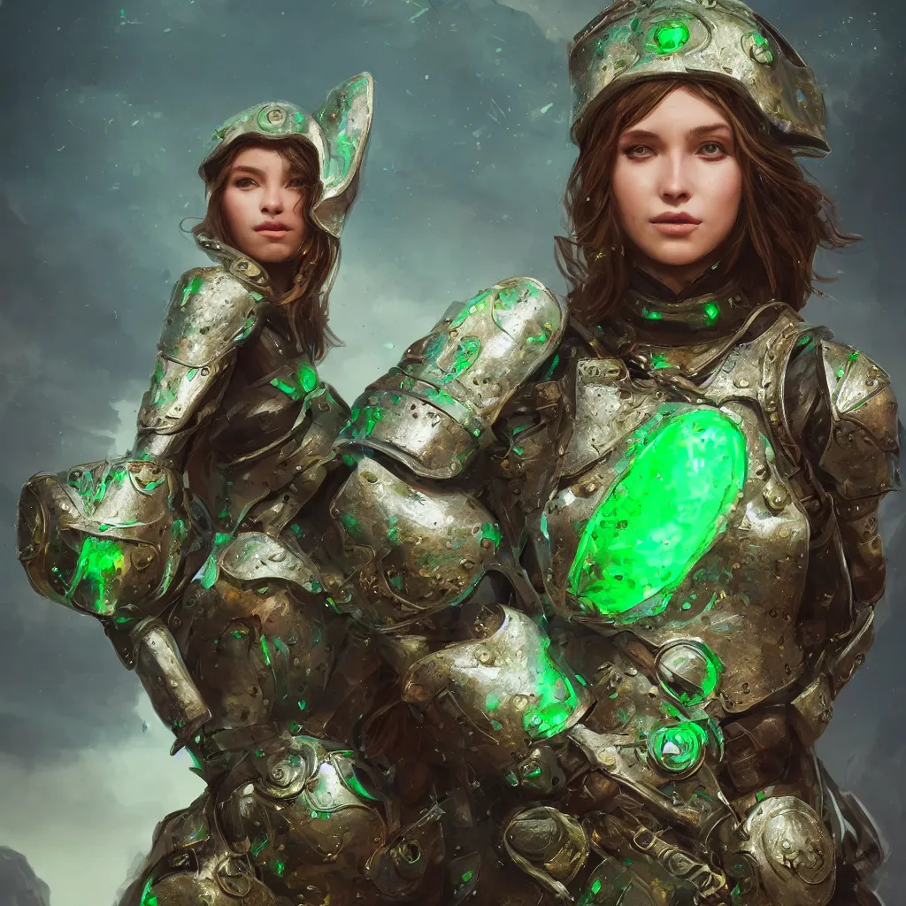 Image similar to photo of a beautiful medieval female scout, brown plated armor with green crystals, full body portrait, on a cliff, elegant, highly detailed, smooth, sharp focus, illustration, beautiful, geometric, trending on artstation, unreal engine, octane render, cinematic, artwork by WLOP