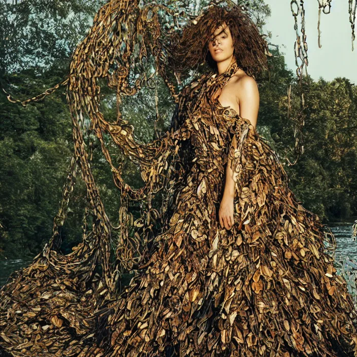 Image similar to a woman with a dress made of leaves and chains, standing next to water, golden hour, vogue magazine