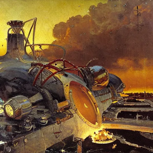 Image similar to a greek spaceship, stuck in the ground, the spaceship is on fire, smoke, rainstorm, lightning, angry, kinetic, adolphe bouguereaum, norman rockwell, highly detailed oil painting,