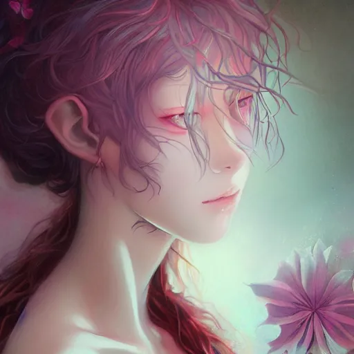 Prompt: Stunningly beautiful Anime God of indeterminate gender ponders dark thoughts near the floral river flowers, misty, by cgsociety, in the style of Charlie Bowater, Tom Bagshaw, Zdislaw Beksinski intricate, beautiful, artstation 8k, high resolution