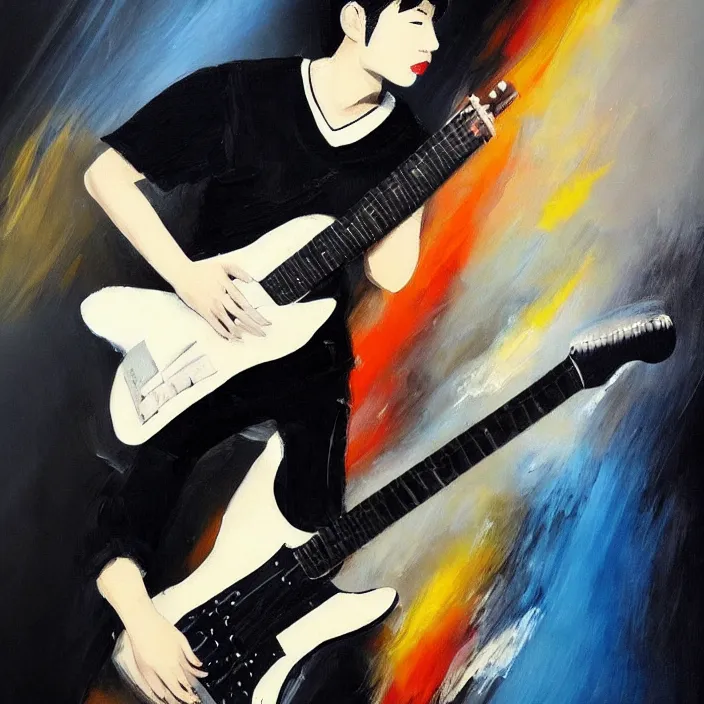 Image similar to large brush painting of a young korean male musician wearing stylish black v neck t shirt holding a telecaster!!! electric guitar!!, candid!! dark background, thick flowing dramatic brush strokes, dark matte colors, abstract, impressionist, motion, trending on artstation