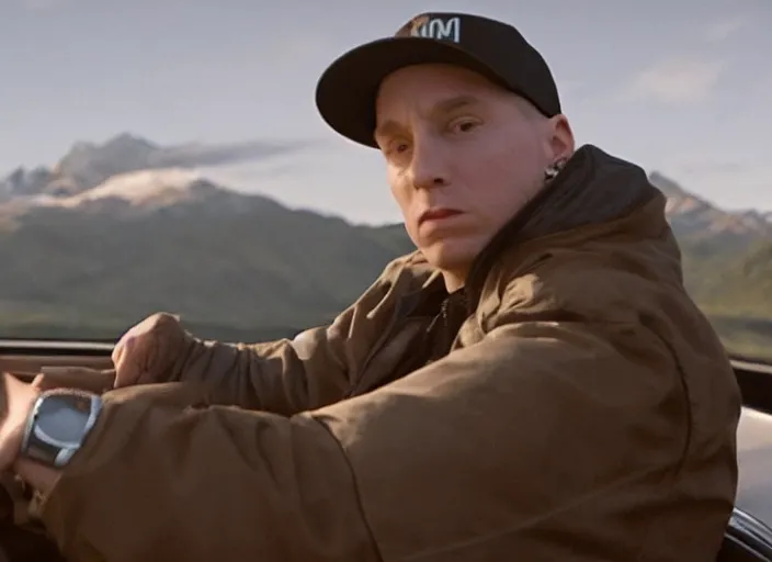 Image similar to a very high resolution image from a new movie, eminem driving a car. mountains, directed by wes anderson