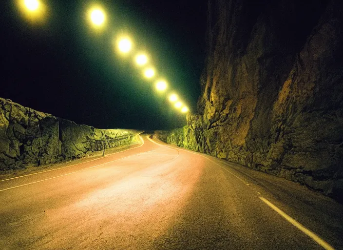 Image similar to pov headlights of a car illuminate a strange dark canyon road, it's the dead of night, in a distance the bright city lights glow, cinematic, cinestill