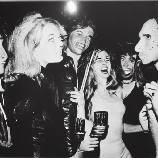 Image similar to godzilla partying at studio 5 4 b & w grainy photograph lots of celebrities including andy warhol