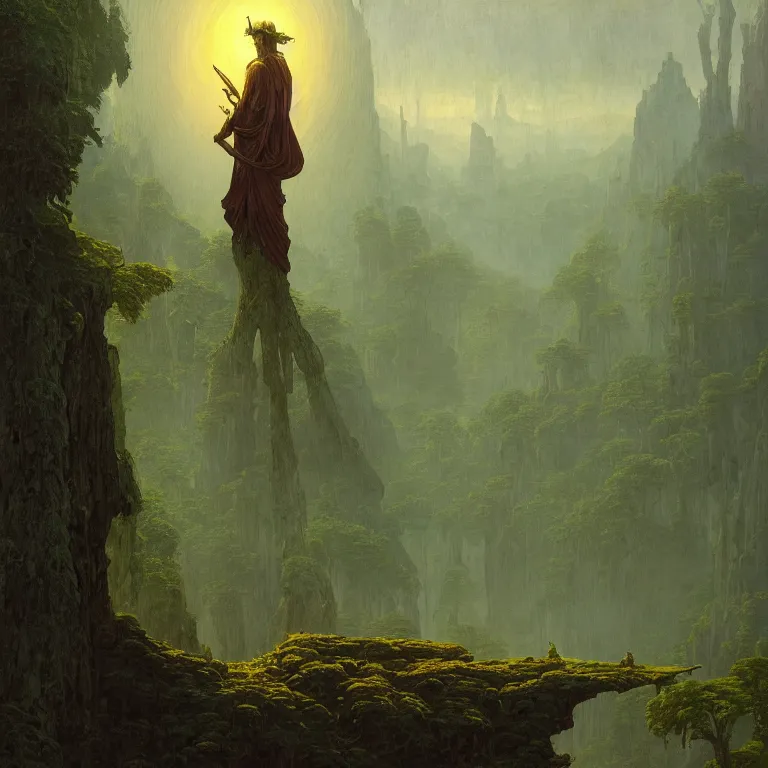 Image similar to a detailed landscape painting inspired by moebius and beksinski of a great forest with path and man with a cape over his head. fantasy poster. cinematic fantasy scene. aurora lighting. fantasy. carl spitzweg. baroque elements. baroque element. intricate artwork by caravaggio. oil painting. award winning. dramatic. trending on artstation. 8 k