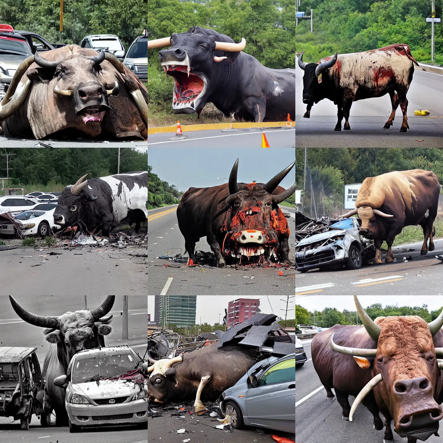 Prompt: a photo of a giant bull with mouth full of sharp teeth and a car skewered on it's horns. many smashed cars are spread over the highway.