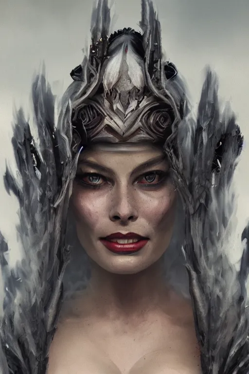 Image similar to a fancy portrait of Margot Robbie as lady death by Greg Rutkowski, Sung Choi, Mitchell Mohrhauser, Maciej Kuciara, Johnson Ting, Maxim Verehin, Peter Konig, Bloodborne, macro lens, 35mm, 8k photorealistic, cinematic lighting, HD, high details, atmospheric,