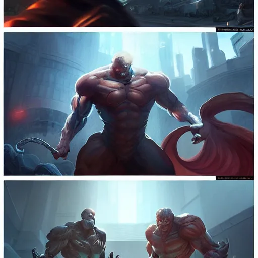 Image similar to comic book boss fight, highly detailed, professional digital painting, Unreal Engine 5, Photorealism, HD quality, 8k resolution, cinema 4d, 3D, cinematic, art by artgerm and greg rutkowski