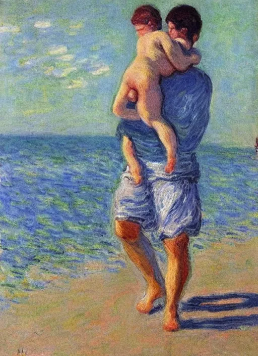 Image similar to a man carrying his child over his shoulders walking near the beach, anatomically correct, painting by monet, masterpiece