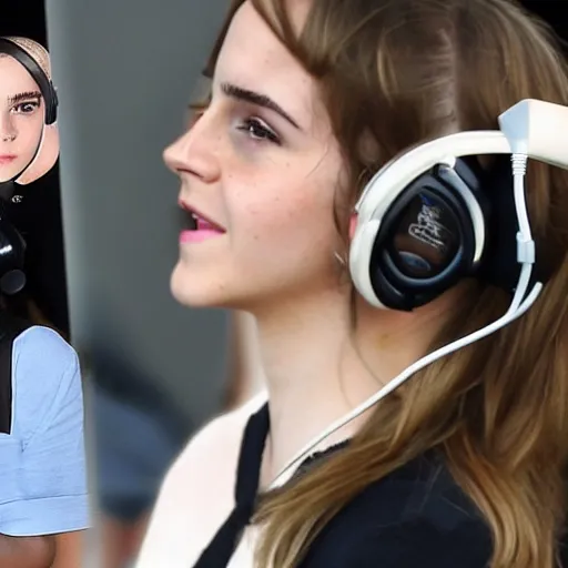 Prompt: emma watson wearing a gaming headset