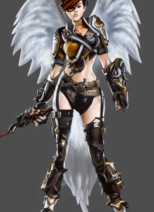 Image similar to full body artwork of tracer overwatch, wearing white latex and leather straps armor outfit, in style of mark arian, angel wings, dramatic painting, wearing detailed leather collar, ornate highly detailed armor, chains, black harness, detailed face and eyes,