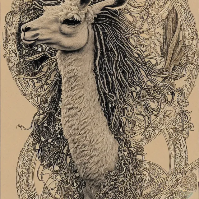 Prompt: llama with dreadlocks, detailed, by ernst haeckel, james jean, mandy jurgens, alphonse mucha