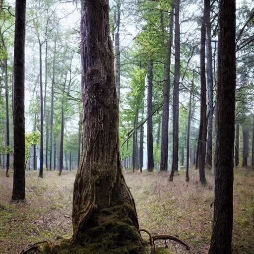 Prompt: a slightly phallic tree in the middle of a forest high resolution photograph 8 k