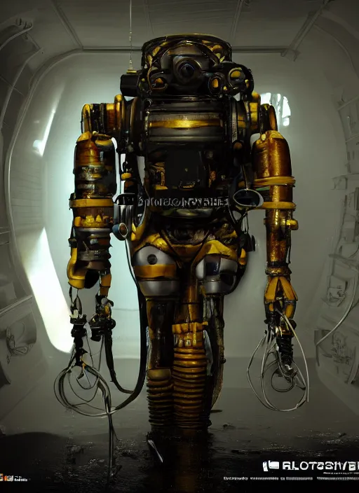 Prompt: a photorealistic dramatic hyperrealistic render of a exosuit deep sea submersible, ultra realistic details, glossy yellow, well worn, rust, oil stains by vitaly bulgarov and mike nash, beautiful dramatic dark moody tones and lighting, cinematic atmosphere, studio lighting, global illumination, shadows, dark background, octane render, 8 k