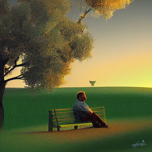 Image similar to lonely man sitting under a tree atop a hill watching the sunset, digital art