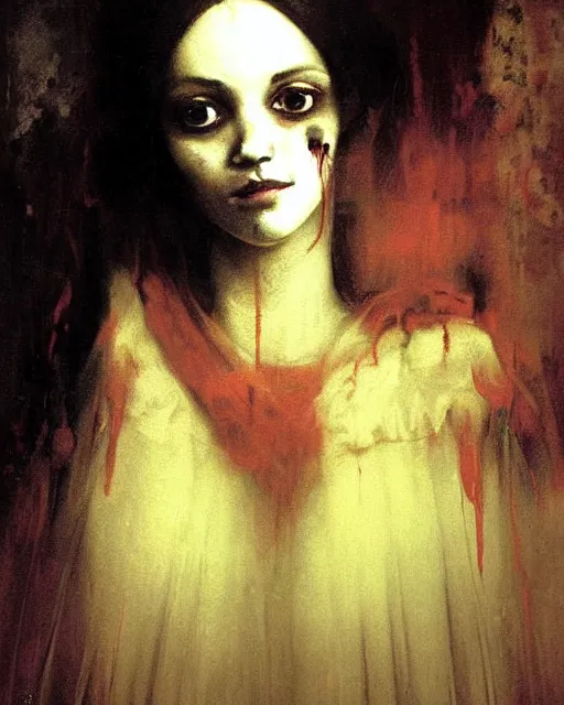 Image similar to a beautiful and eerie baroque painting of a beautiful but creepy girl in layers of fear, with haunted eyes and dark hair piled on her head, 1 9 7 0 s, seventies, wallpaper, a little blood, morning light showing injuries, delicate embellishments, painterly, offset printing technique, by brom, robert henri, walter popp