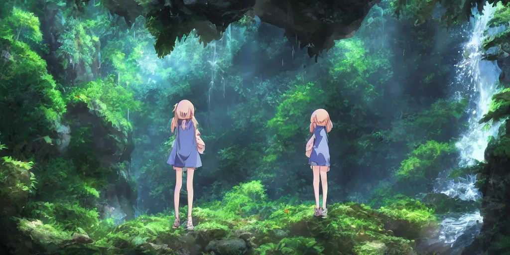 Prompt: anime girl looking into large cave entrance in a lush forest with waterfalls, fireflies, desaturated, beautiful ambiance, studio ghibli style, by hayao miyazaki, sharp focus, highly detailed, 4k