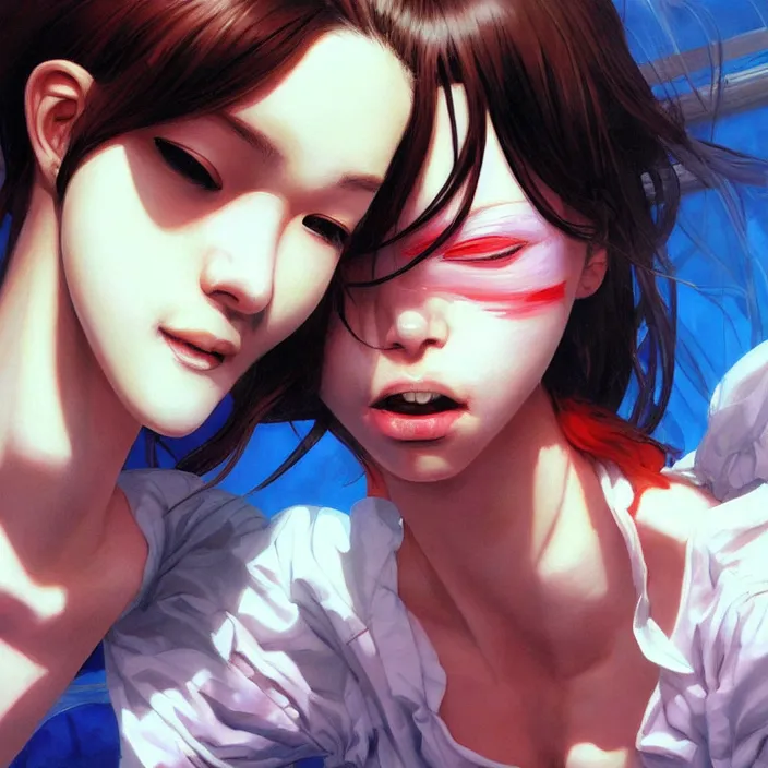 Image similar to nice quality and nice everything painting of a nice portrait of the popular girl at the psych ward laughing at the viewer, by Katsuhiro Otomo, Yoshitaka Amano, Nico Tanigawa, and Artgerm rendered with 3D effect.