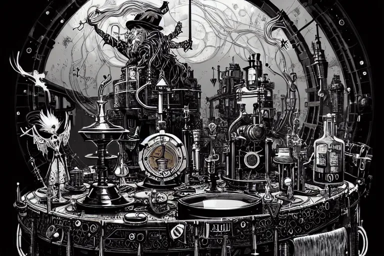 Image similar to a majestic steampunk alchemist wizard table, high details, bold line art, by vincent di fate and joe fenton, inking, etching, screen print, masterpiece, trending on artstation, sharp, high contrast, hyper - detailed, clean strokes, hd, 4 k, 8 k