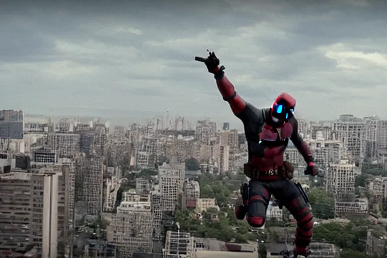 Image similar to Deadpool leaps off helicopter and smashes through high rise window by Emmanuel Lubezki
