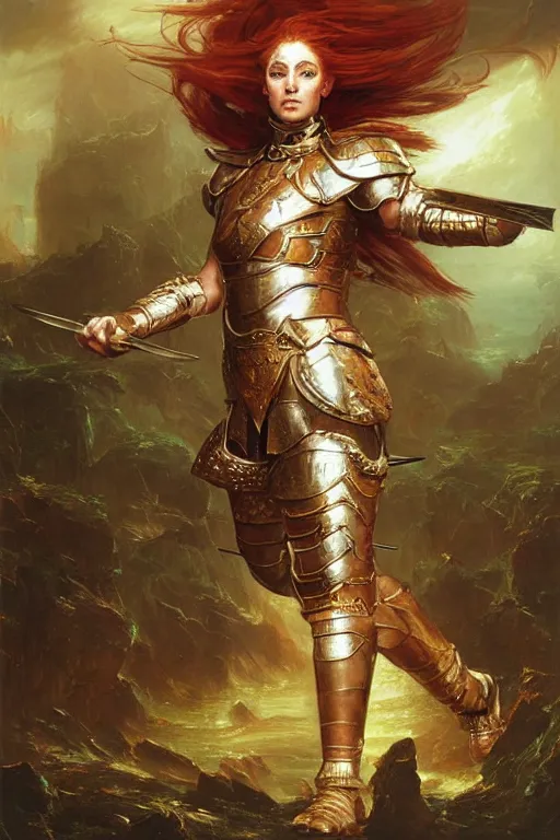 Prompt: beautiful female warrior, half body portrait, ginger hair, ornate armour, in a dynamic pose, realistic oil painting by Thomas Cole and Wayne Barlowe