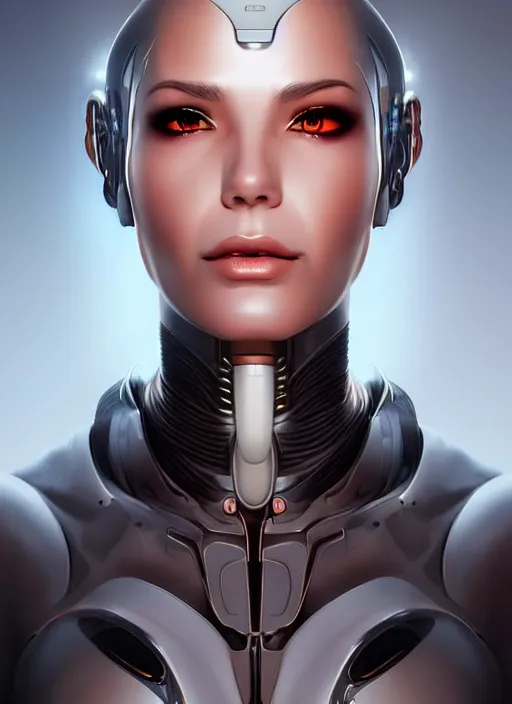 Image similar to portrait of a cyborg woman by Artgerm, (((((face turns left))))) (((((face turns right))))), eyes closed , biomechanical, hyper detailled, trending on artstation