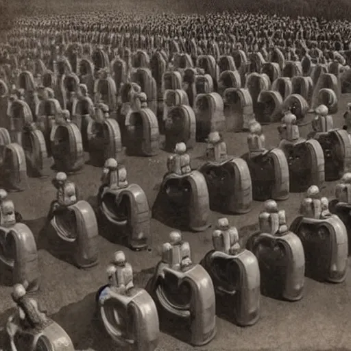 Prompt: levitating robot bots in front of hundreds of dead people , old photograph , 1824 , HD , 4k , realistic