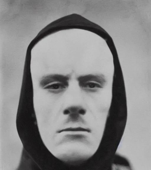 Image similar to a man distance wearing hooded mask covering his entire face, ww1 film photo, full body portrait at distance, grainy, high detail, high resolution