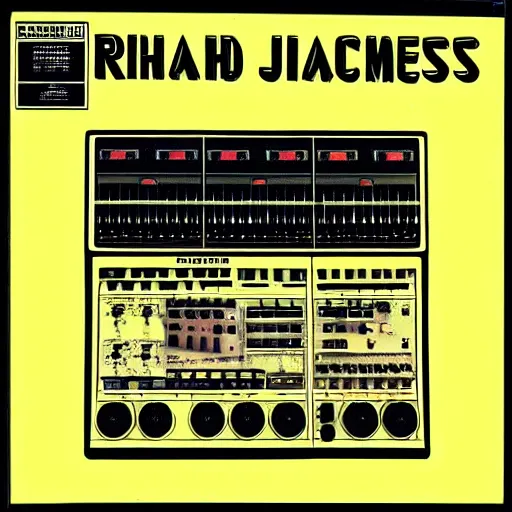 Prompt: Richard D James on the 808 drum machine, vinyl cover from 1988