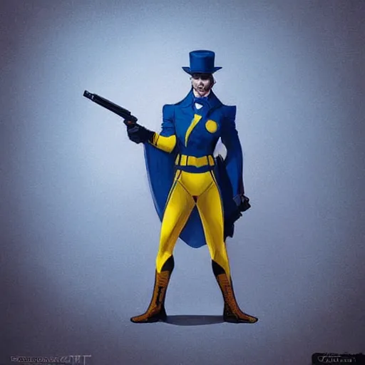 Image similar to superhero with tophat and a rifle in blue and yellow clothes, digital art, trending on artstation, by greg rutkowski