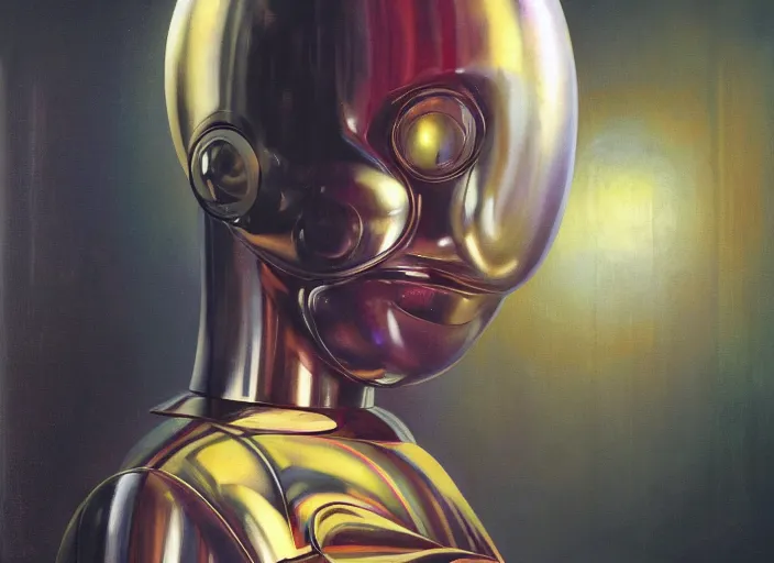 Image similar to a portrait headshot of sci fi metallic human, bright eyes, melancholic complex geometric figure liminal machinery by oskar schlemmer, moebius, john berkey, film grain, oil on canvas, portrait facial head, featured on artstation, hd wallpaper, 8 k, bright colors, global lighting