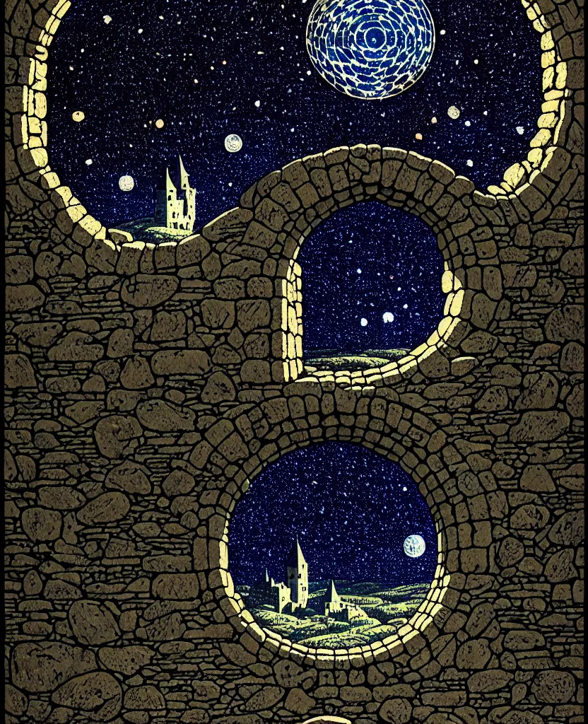 Prompt: stone wall inside of a majestic castle, round window looking out to the starry night sky, high details, intricately detailed, by vincent di fate, inking, 3 color screen print, masterpiece, trending on artstation,, sharp, details, hyper - detailed, hd, 4 k, 8 k