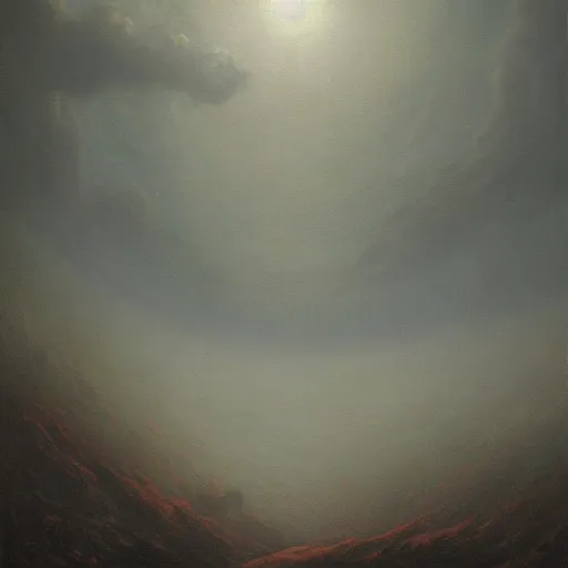 Prompt: a fantasy landscape paintet by beksinski. oil painting. lovecraft. moody. godrays. volumetric light. trending on artstation.