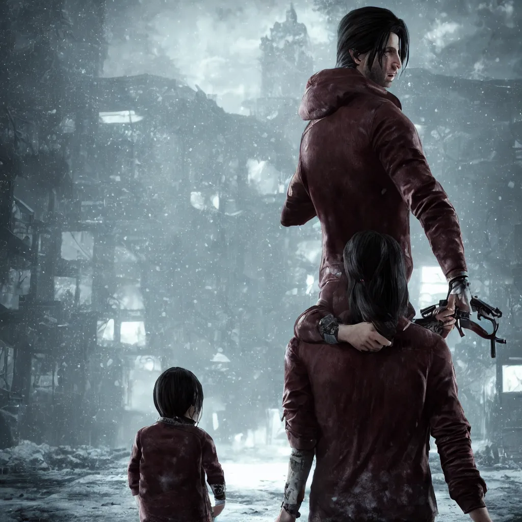 Prompt: Sebastion Castellanos of The Evil Within 2 holding his daughter, making your way home, snowy plains, unreal engine 5, wallpaper, emotional