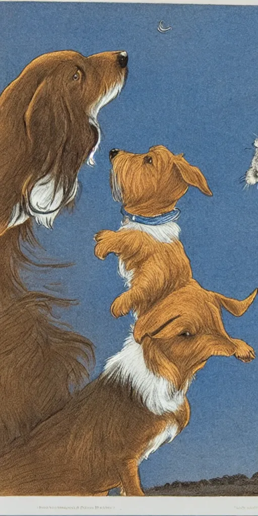 Prompt: candid portrait of jack russel dog howling sad, night sky, highly detailed, side view, illustrated by peggy fortnum and beatrix potter and sir john tenniel