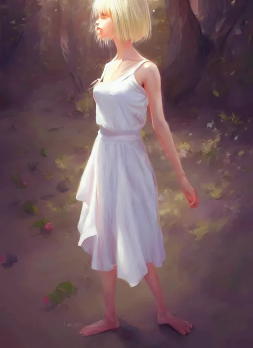 Prompt: girl wearing white sundress, blonde hair. digital painting, by valerian city of a thousand planets, by ruan jin #, by mandy jurgens #, by artgerm #, william - adolphe bouguerea #