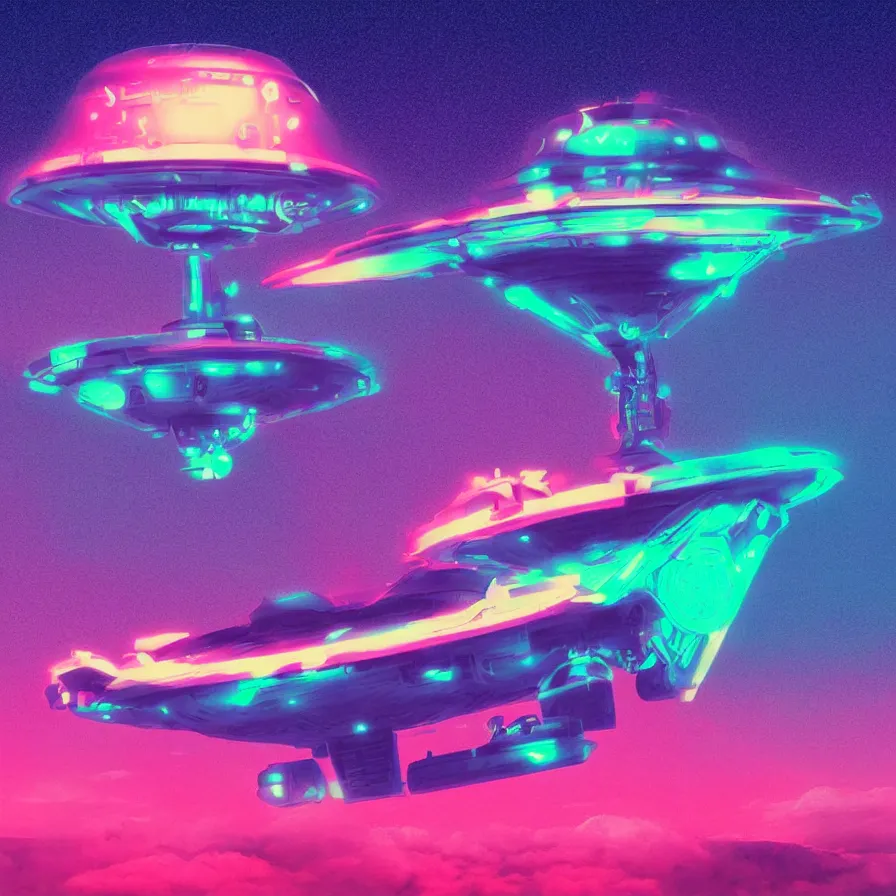 Image similar to a ufo, retrowave art