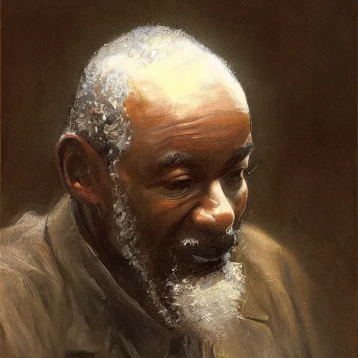 Prompt: a painting of a well fed thinker, thoughtful, focused, visionary, calm, jovial, loving, fatherly, generous, elegant well fed elder with few eyebrows and his on from Kenya by Henry Ossawa Tanner . dramatic angle, ethereal lights, details, smooth, sharp focus, illustration, realistic, cinematic, artstation, award winning, rgb , unreal engine, octane render, cinematic light, macro, depth of field, blur, red light and clouds from the back, highly detailed epic cinematic concept art CG render made in Maya, Blender and Photoshop, octane render, excellent composition, dynamic dramatic cinematic lighting, aesthetic, very inspirational, arthouse.