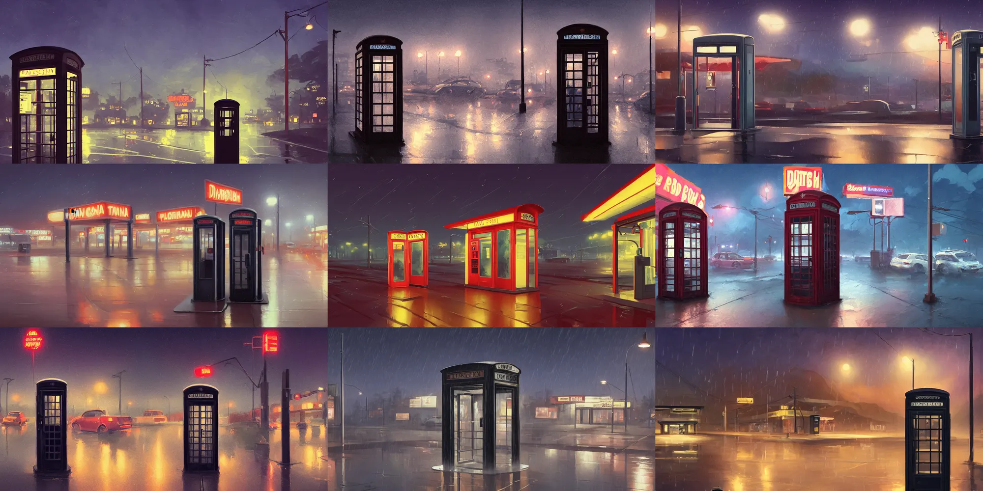 Prompt: dark, at night, panoramic view of a single phone booth on a rainy day, a 6 0 s gas station in the background, behance hd by jesper ejsing, by rhads, makoto shinkai and lois van baarle, ilya kuvshinov, rossdraws global illumination, 4 k artstation, unreal engine