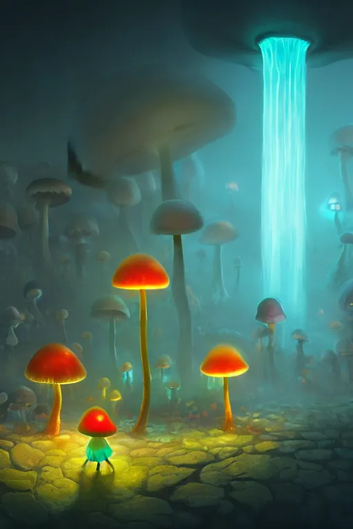 Image similar to Bioluminescent the mushroom city concept, soft light, soft mood, realistic body features and face, illustration, painting oil on canvas by Elena Zhurikhina and Goro Fujita and Charlie Bowater and Victor Mosquera, octane render trending on artstation, 4k, 8k, HD