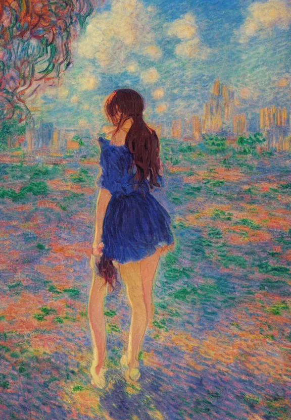 Image similar to wide angle portrait of a teenage girl, a thrifty outfit, very anime in impressionist style, city background, anime trending artwork, anime painter studio, by claude monet