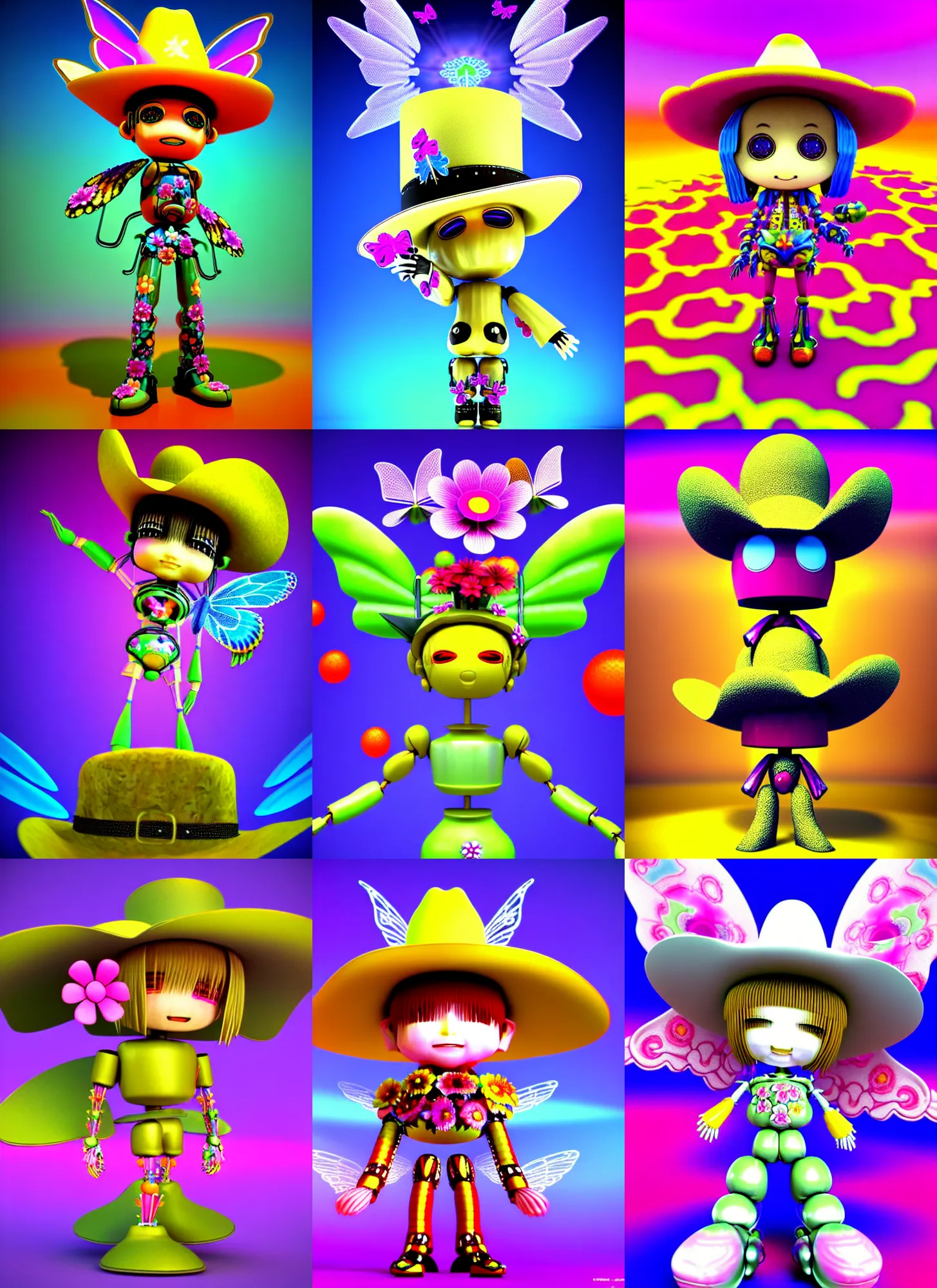 Prompt: 3d render of chibi flower robot by Ichiro Tanida wearing a big cowboy hat and wearing angel wings against a psychedelic swirly background with 3d butterflies and 3d flowers n the style of 1990's CG graphics 3d rendered y2K aesthetic by Ichiro Tanida, 3DO magazine