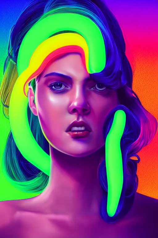 Prompt: a award winning half body portrait of a beautiful woman with stunning eyes in a croptop and cargo pants with rainbow colored ombre hairstyle head in motion and hair flying by thomas danthony, surrounded by whirling illuminated neon lines, outrun, vaporware, shaded flat illustration, digital art, trending on artstation, highly detailed, fine detail, intricate