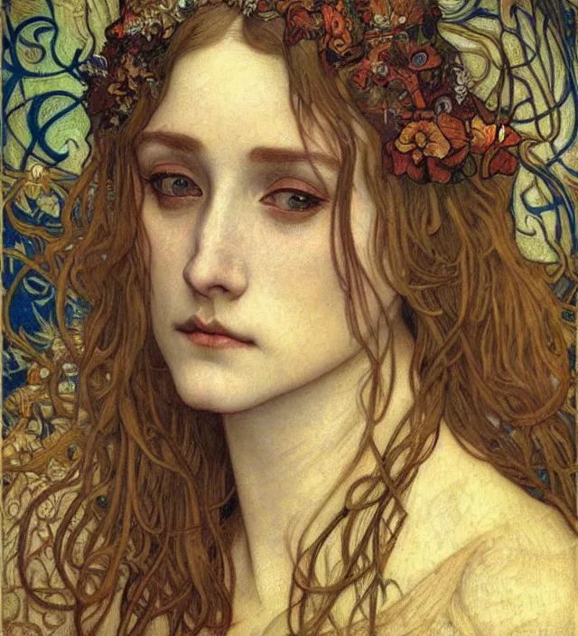 Image similar to detailed realistic beautiful young medieval queen face portrait by jean delville, alphonse mucha, vincent van gogh, and marco mazzoni, art nouveau, symbolist, visionary, gothic, pre - raphaelite