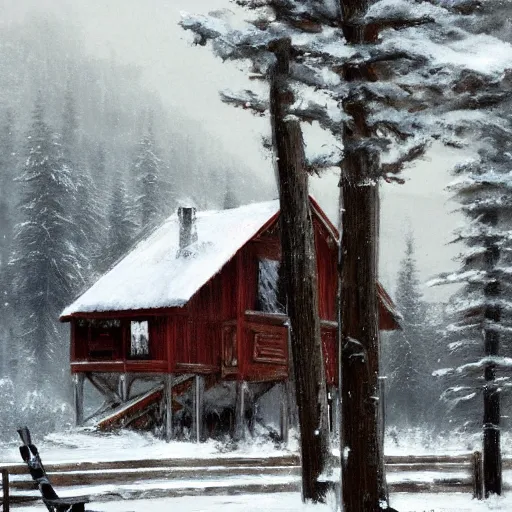 Prompt: adelaide kane sitting on the porch to a large snowy wooden cabin, artstation, jakub rozalski, high detail