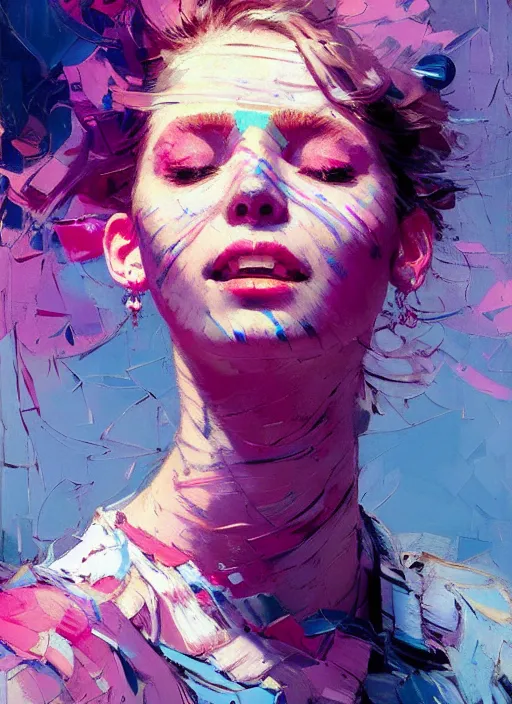 Image similar to portrait of a beautiful girl, smiling, ecstatic, dancing, eyes closed, open mouth, shades of pink and blue, beautiful face, rule of thirds, intricate outfit, spotlight, by greg rutkowski, by jeremy mann, by francoise nielly, by van gogh, digital painting