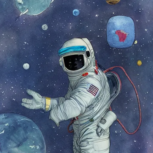 Image similar to james jean water color of an astronaut drifting in space staring at the earth