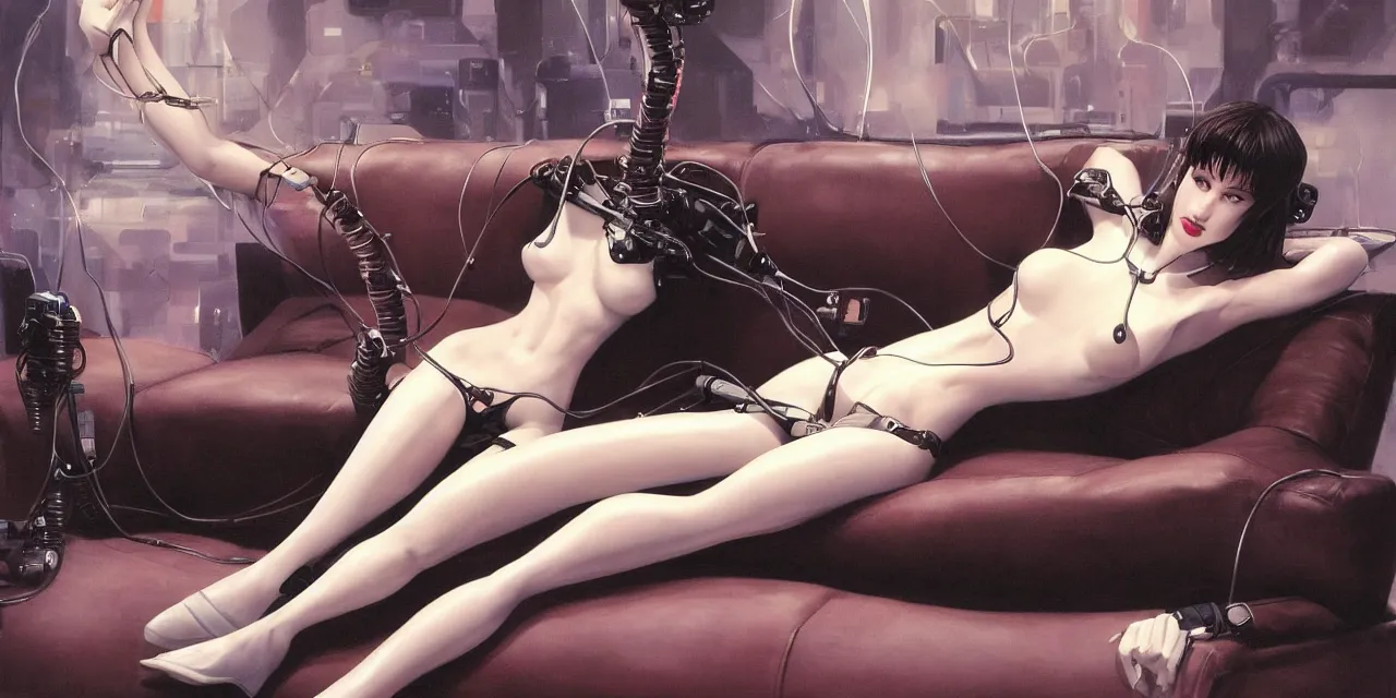 Prompt: beauty Blade Runner woman sitting on a wide leather couch, robotic, cyberpunk, lots of cables and wiring, electrical details, chipboards, trending on artstation, by Hajime Sorayama and Boris Vallejo