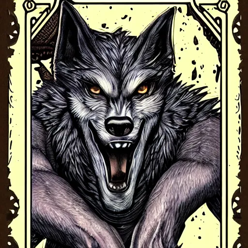Prompt: detailed werewolf card design by rachel pollack